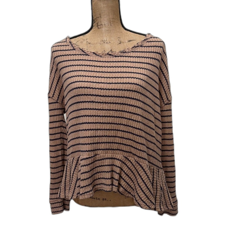 Free People We The Free Auntie Em Top Tan Navy Striped Waffle Peplum Size‎ Large